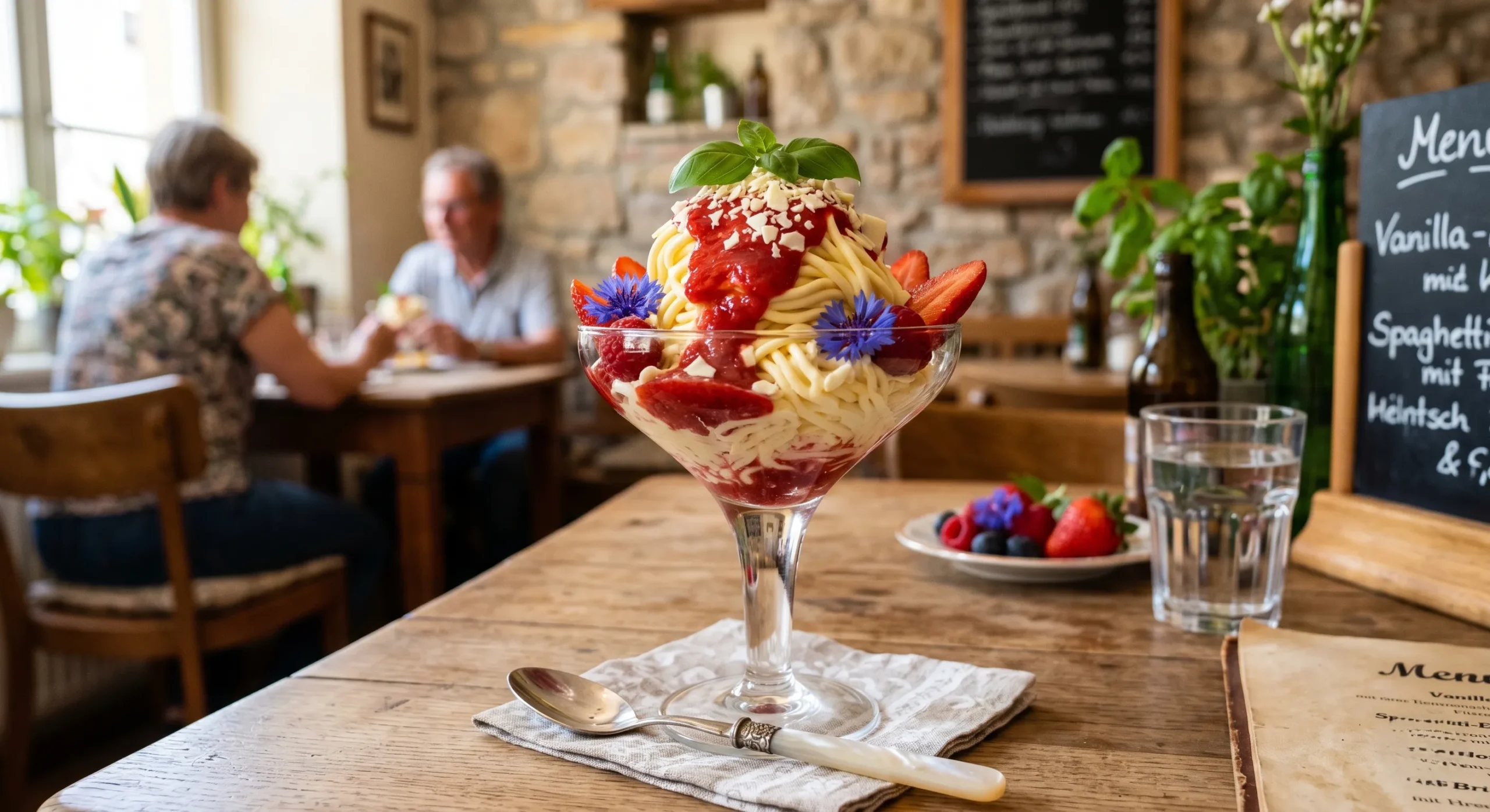 Klassisches Spaghetti-Eis-Dessert im Glas: Der deutsche Kult-Klassiker modern interpretiert